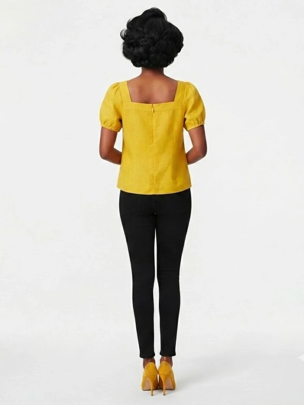 Boden Mustard Yellow 100% Linen Puff Sleeve Square Neck Blouse